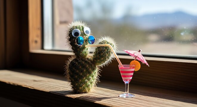 A whimsical cactus wearing sunglasses enjoys a cocktail by the window, creating a fun and summery vibe with a desert backdrop