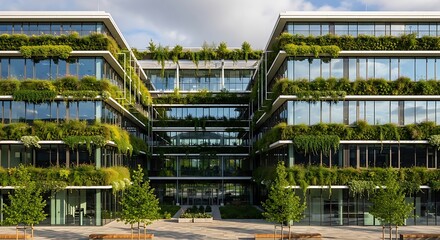 Modern Green Building with Lush Vertical Gardens and Sustainable Architecture.