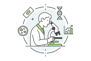 Scientist using a microscope in a laboratory surrounded by research symbols and data analysis graphics