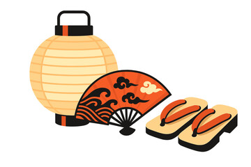 Traditional Japanese paper lantern, folding fan, and wooden Geta sandals cultural objects