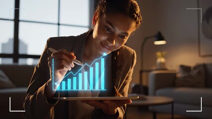 Woman using tablet with stylus. Digital graph and data visualization overlay appear on screen. She reviews analytics and business metrics for finance planning. Warm lighting sets technology mood. - Powered by Adobe