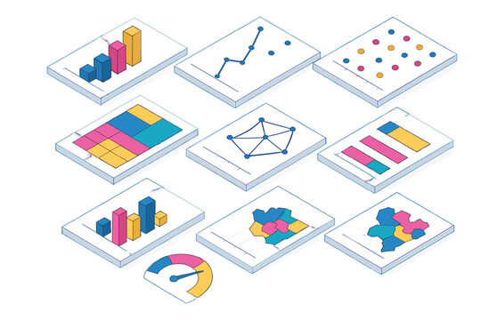 Isometric data visualization set with charts graphs and diagrams for business analytics reporting