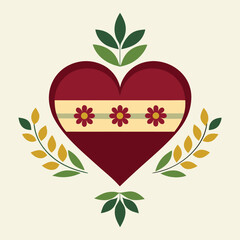 Folk Art Heart with Flowers and Decorative Leaves