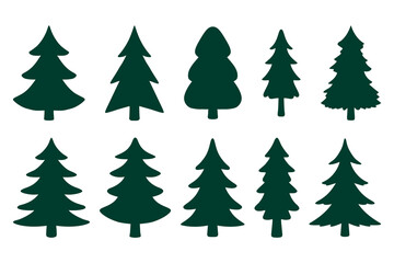 Fototapeta premium Pine tree silhouette collection set of different shapes evergreen trees simple minimal forest conifer design elements for Christmas winter nature decoration isolated vector illustration.
