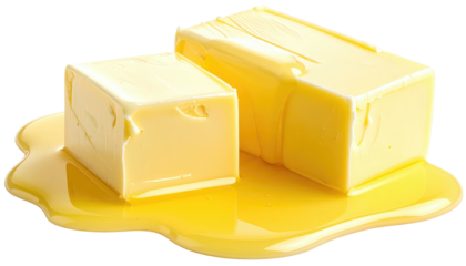 Two blocks of butter sit in a puddle of melted butter, against a transparent background