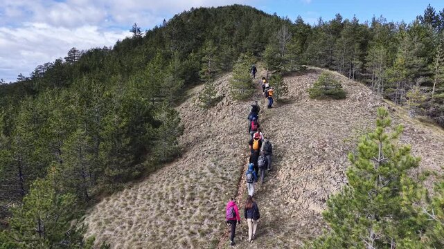 Aerial drone flyover of a group of tourists hiking along the picturesque, green ridge of Tornik Mountain in Zlatibor, Serbia, with vast forest views