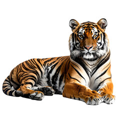 Obraz premium Majestic Tiger's Serene Pose: The regal tiger, with its striking coat of orange and black stripes, rests with a calm yet watchful gaze. This close-up highlights the power and beauty of a big cat.