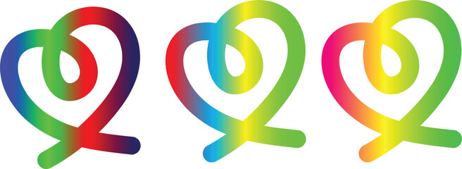 Color Line Hearts with Gradient. Spiral Heart Loop. Colorful Gradient Abstract Symbol Trio Design. Love Vector Symbols 3D Set