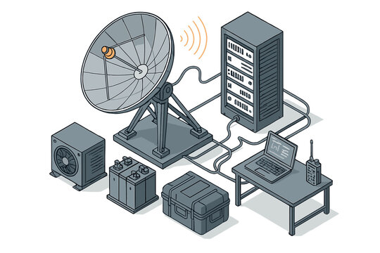 Portable remote communication system setup with satellite dish server rack and laptop