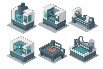 Modern computer numerical control machines used for industrial manufacturing and production