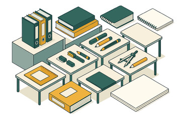 Obraz premium Isometric arrangement of essential school and supplies including binders, notebooks, and writing instruments
