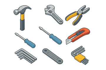 Isometric set of construction and repair hand tools including hammer, wrench, pliers and screwdrivers