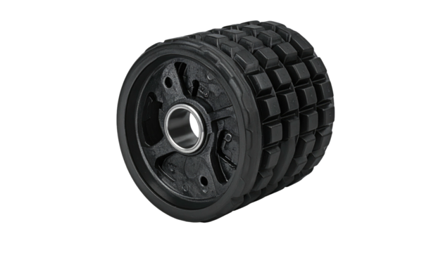 Black textured roller with internal bearing, set against a stark black backdrop, showcasing its structured surface