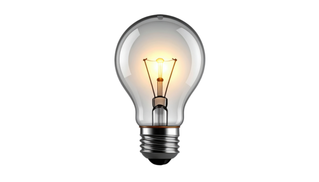 Illuminated bulb glass, silver base. Orange light emitting from filament. All on a pure black background