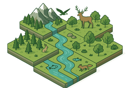 Isometric mountain forest ecosystem with river, deer, rabbit, fox, and eagle