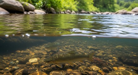 Fototapeta premium Split view of clear river water with submerged rocks and green trees above.