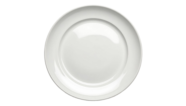 Glossy white plate, centered on black. Minimalist, pristine, and circular. Soft highlights accentuate form