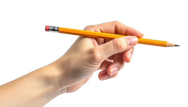 A hand holds a yellow pencil against a black backdrop, ready to write or draw, with a focus on the writing implement