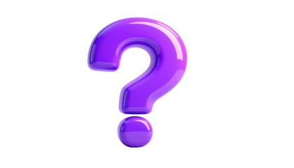 A glossy, vibrant purple question mark stands isolated against a stark black backdrop, gleaming under a digital light source