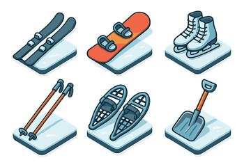 Collection of isometric icons showing winter sports gear and recreation equipment