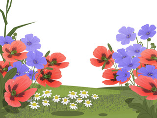 Blooming wild poppies and flax in the spring Ukrainian steppe. Transparent background