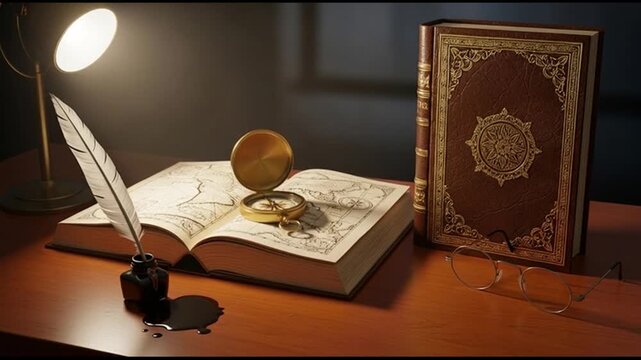 Step back in time with this elegant vintage desk scene featuring a map, compass, and quill pen, perfect for adding a touch of classic adventure to any project or design