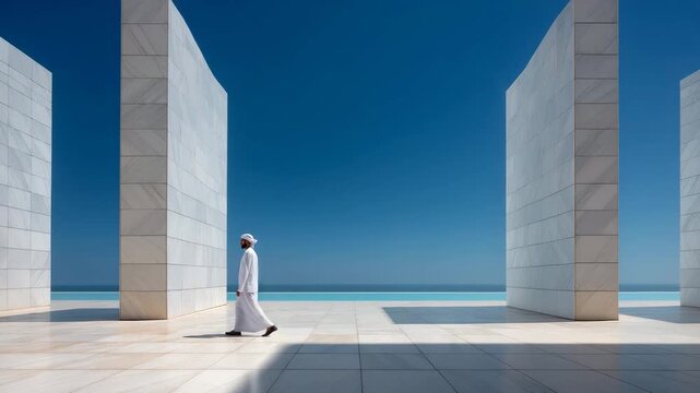 The camera tracks parallel to a man walking calmly between tall white marble pillars by the sea. Shadows move rhythmically across the floor, sunlight reflects off smooth surfaces, and gentle ocean
