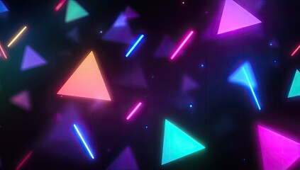 A vibrant, colorful digital abstract with glowing geometric shapes floating against dark backdrop