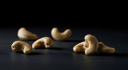 Raw cashew nuts on dark surface with black background