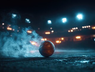 A dimly lit basketball rests on the court amidst a smoky atmosphere, with arena lights in the distance