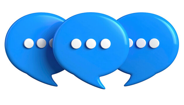 Glossy blue speech bubbles with three white dots isolated on black. Round shapes suggesting conversation or thought
