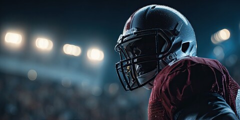 American football player in a burgundy uniform and helmet, illuminated by stadium lights, with blurred crowd