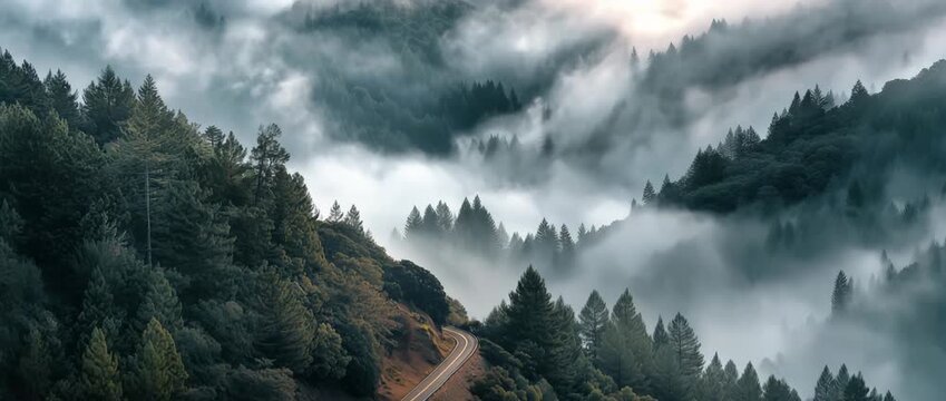 A cinematic drone hyperlapse soaring above a winding mountain road through misty forest hills. Clouds drift through the valleys, sunlight pierces the fog, and the motion reveals a breathtaking aerial 