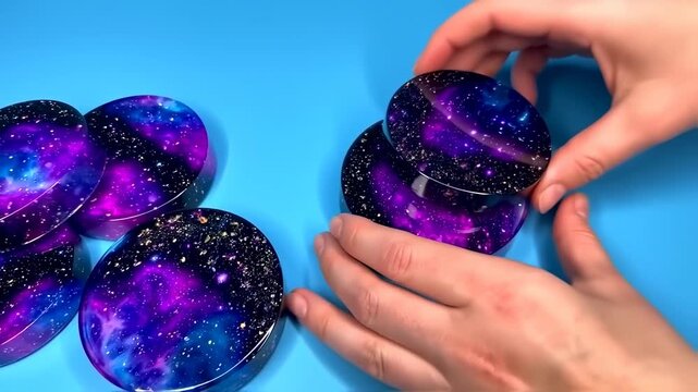 Galaxy Resin Coasters: Cosmic Crafting and Artistic Display on Blue Surface