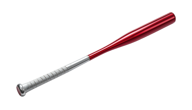 Red & silver baseball bat laying diagonally on a black background, shiny and new, smooth surface, simple design