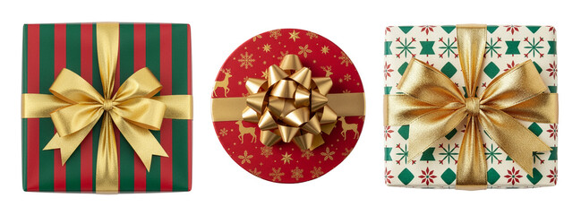 Christmas gift boxes with gold ribbons isolated on transparent background