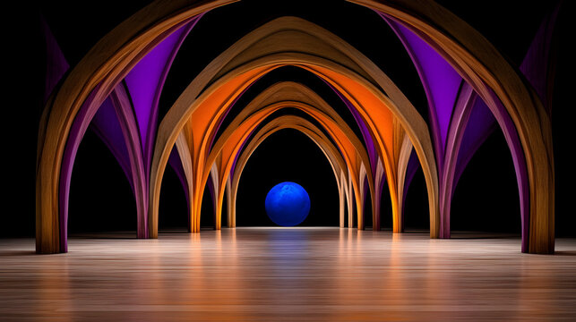 Modern tunnel ender a like glowing arches and a blue globe at its heart