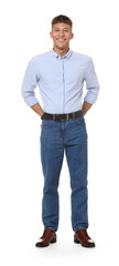 Naklejka premium Handsome young man in stylish jeans on white background