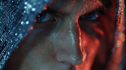 Beyond firewalls: a night expert's cyber defense mission. Cyber technology. Vigilant cybersecurity: a specialist's nightly data analysis. Human computer. Tech collaboration.