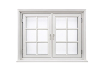 Obraz premium White painted wooden window with simple frame, double casement doors and modern silver handles, isolated on a transparent background