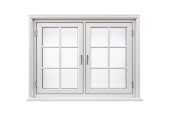 White painted wooden window with simple frame, double casement doors and modern silver handles, isolated on a transparent background