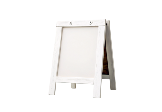 White wooden A-frame sandwich board sign with blank display surface, rustic distressed finish, isolated on a transparent background