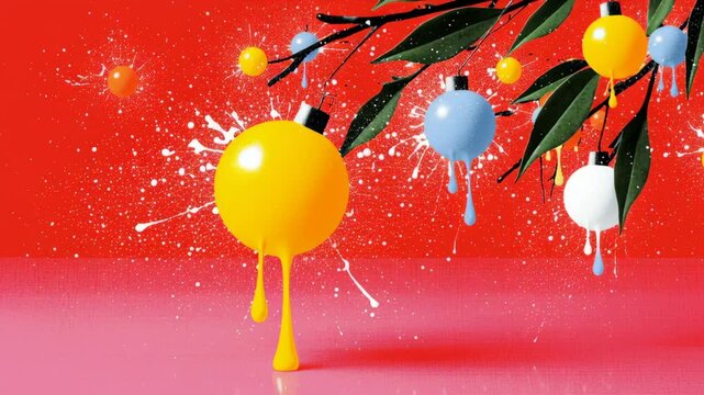Colorful ornaments suspended from a branch, showcasing vibrant hues and dripping paint effects, as the camera smoothly pans across the scene to reveal the artistic composition and playful ambiance