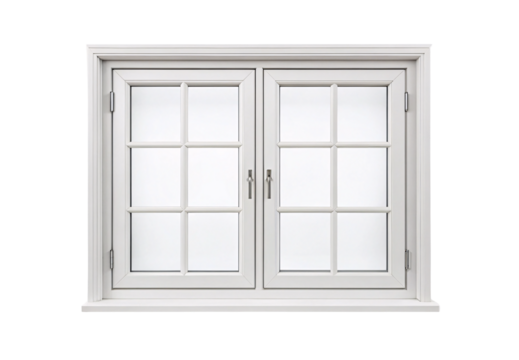 White painted wooden window with simple frame, double casement doors and modern silver handles, isolated on a transparent background