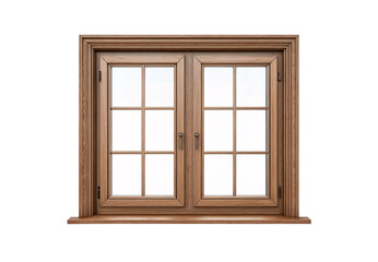 Natural wood window frame with stepped molding, double casement style with brass handles and muntins, isolated on a transparent background