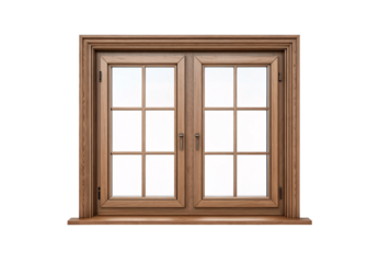 Natural wood window frame with stepped molding, double casement style with brass handles and muntins, isolated on a transparent background