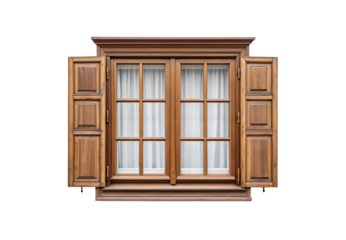Traditional wooden window with shutters, center casement doors and curtains, decorative crown molding detail, isolated on a transparent background