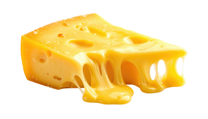 A triangular chunk of Swiss cheese with large holes, appearing melted and sticky. Black background