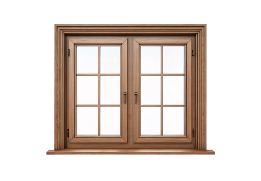 Natural wood window frame with stepped molding, double casement style with brass handles and muntins, isolated on a transparent background
