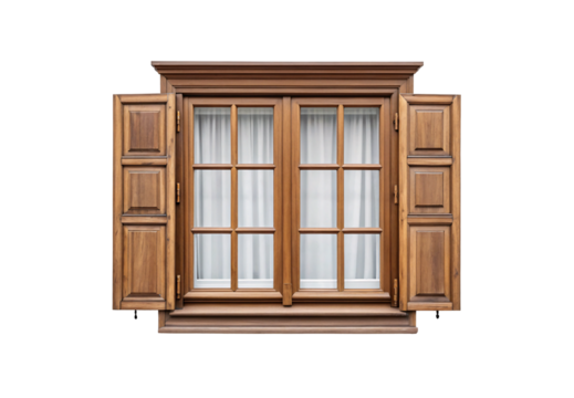 Traditional wooden window with shutters, center casement doors and curtains, decorative crown molding detail, isolated on a transparent background